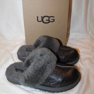 NIB UGG METALLIC GRAY SHEARLING LINED SLIDE SLIPPERS